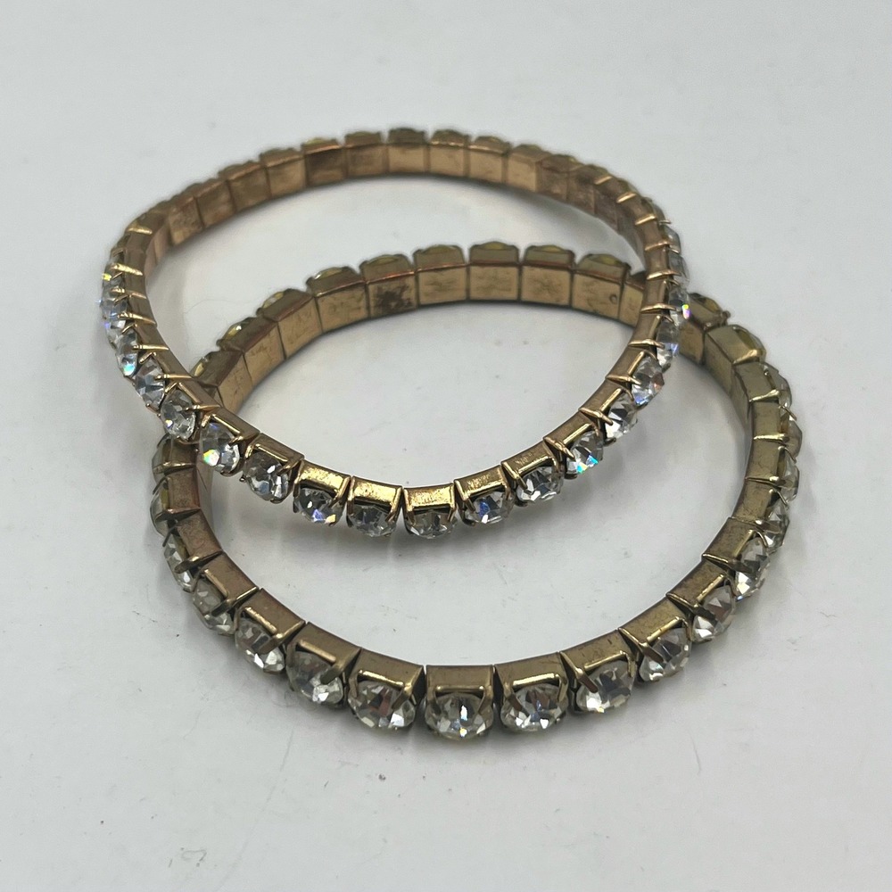 Vintage Set of 2 Clear Rhinestone Gold Tone Flex Stretch Bracelets‎ Stackable 7"